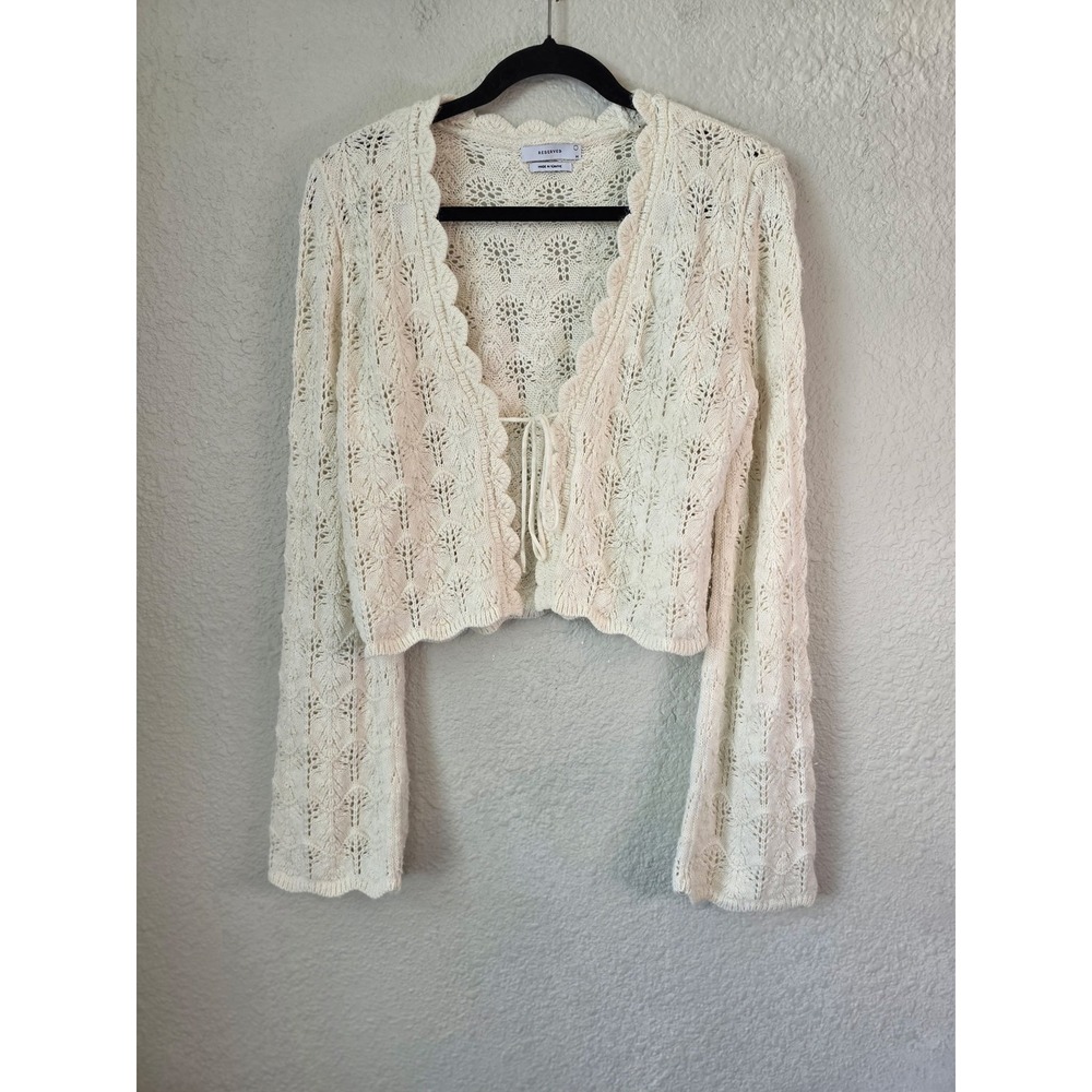 Reserved Cream Crochet Knit Tie Front Cropped Cardigan Flare Sleeve Womens M